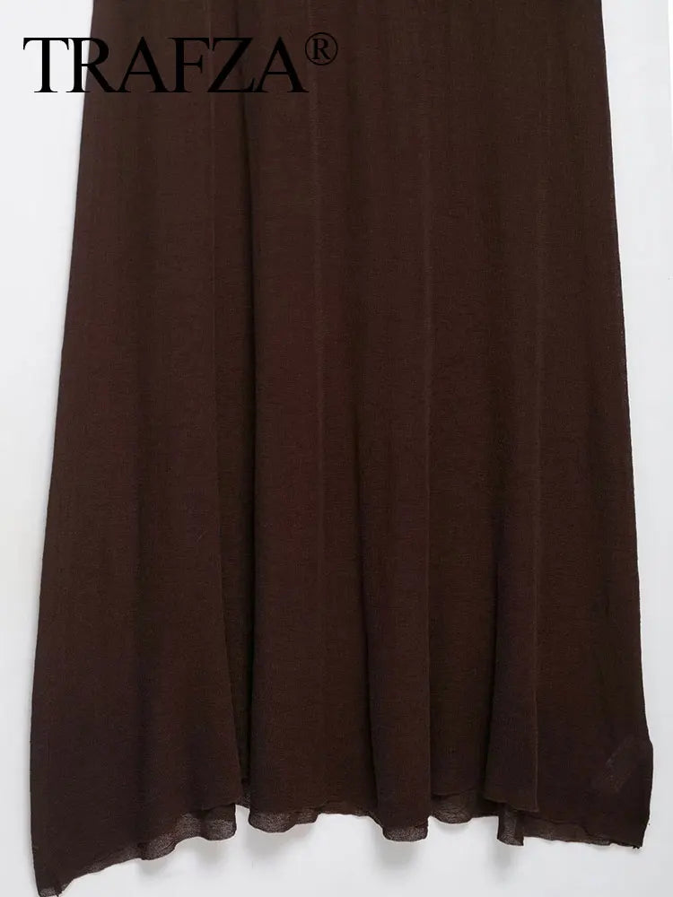 TRAFZA Elegant Off-shoulder Knitted Midi Dresses For Women Autumn Fashion Solid Sleeveless Pleated A-line Party Vintage Dresses